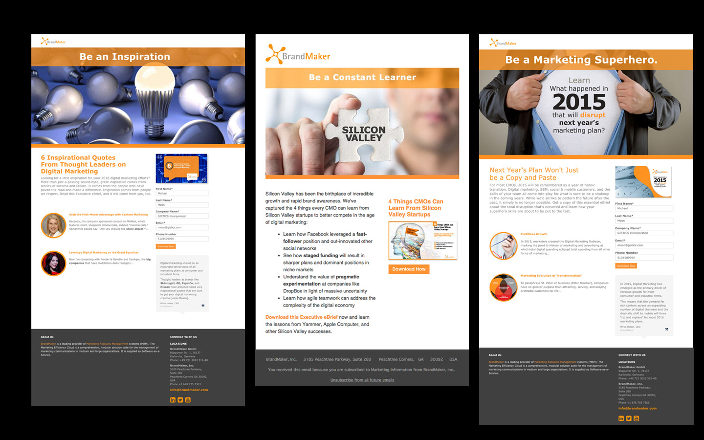 Email and landing page designs for each e-brief in the campaign.